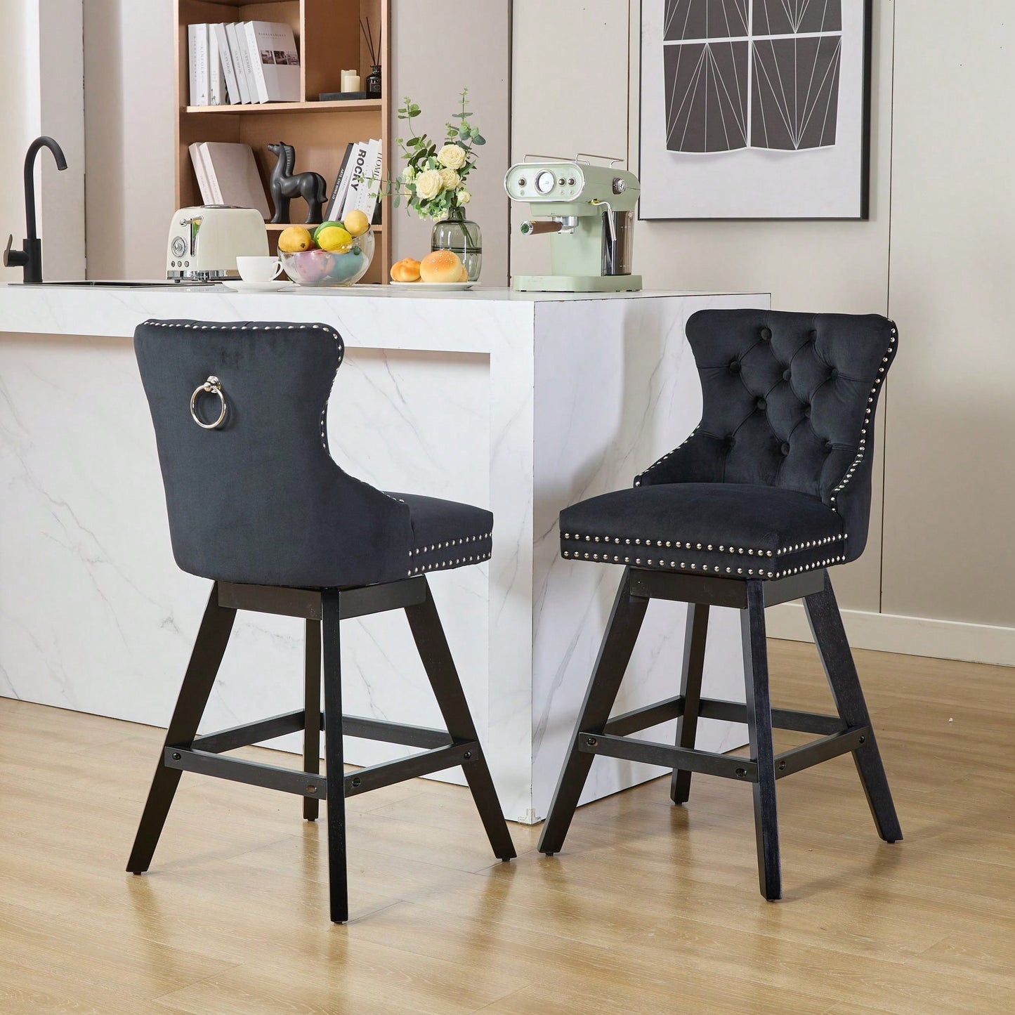 Set Of 2 Elegant Beige Swivel Velvet Barstools With Button Tufted Design And Wooden Legs, Chrome Nailhead Trim