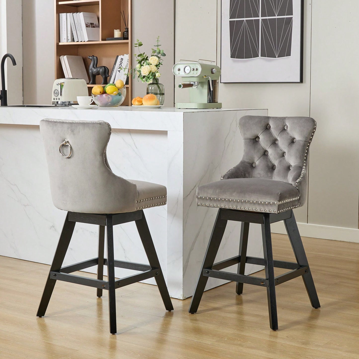 Set Of 2 Elegant Beige Swivel Velvet Barstools With Button Tufted Design And Wooden Legs, Chrome Nailhead Trim