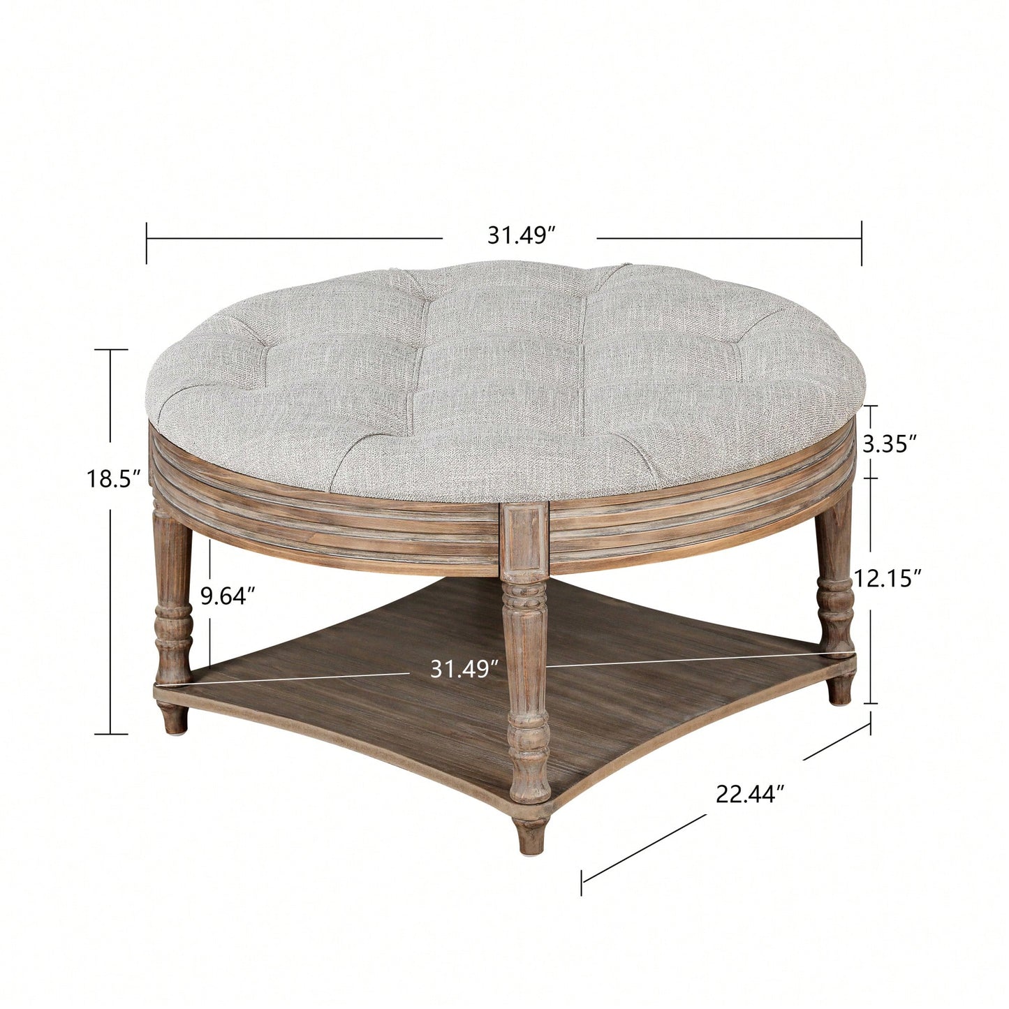 Oversized Waterproof Tufted Ottoman Coffee Table With Wooden Shelf For Storage In Warm White Linen Finish