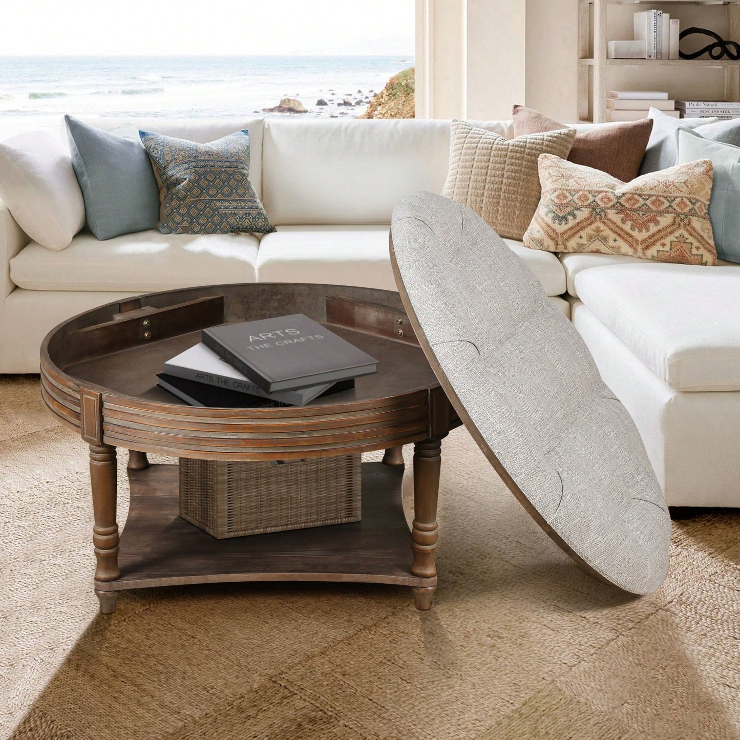 Oversized Waterproof Tufted Ottoman Coffee Table With Wooden Shelf For Storage In Warm White Linen Finish