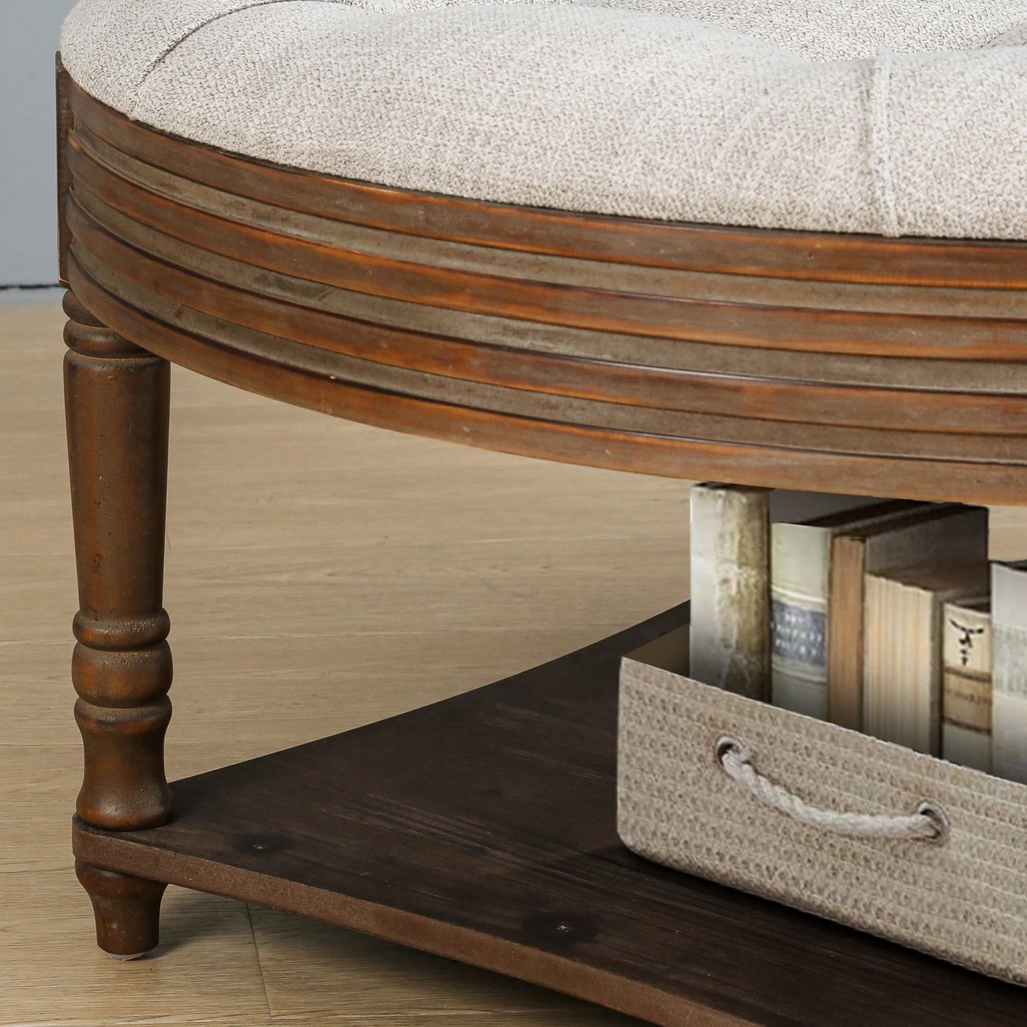 Oversized Waterproof Tufted Ottoman Coffee Table With Wooden Shelf For Storage In Warm White Linen Finish