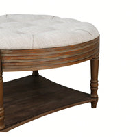 Oversized Waterproof Tufted Ottoman Coffee Table With Wooden Shelf For Storage In Warm White Linen Finish