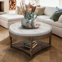 Oversized Waterproof Tufted Ottoman Coffee Table With Wooden Shelf For Storage In Warm White Linen Finish