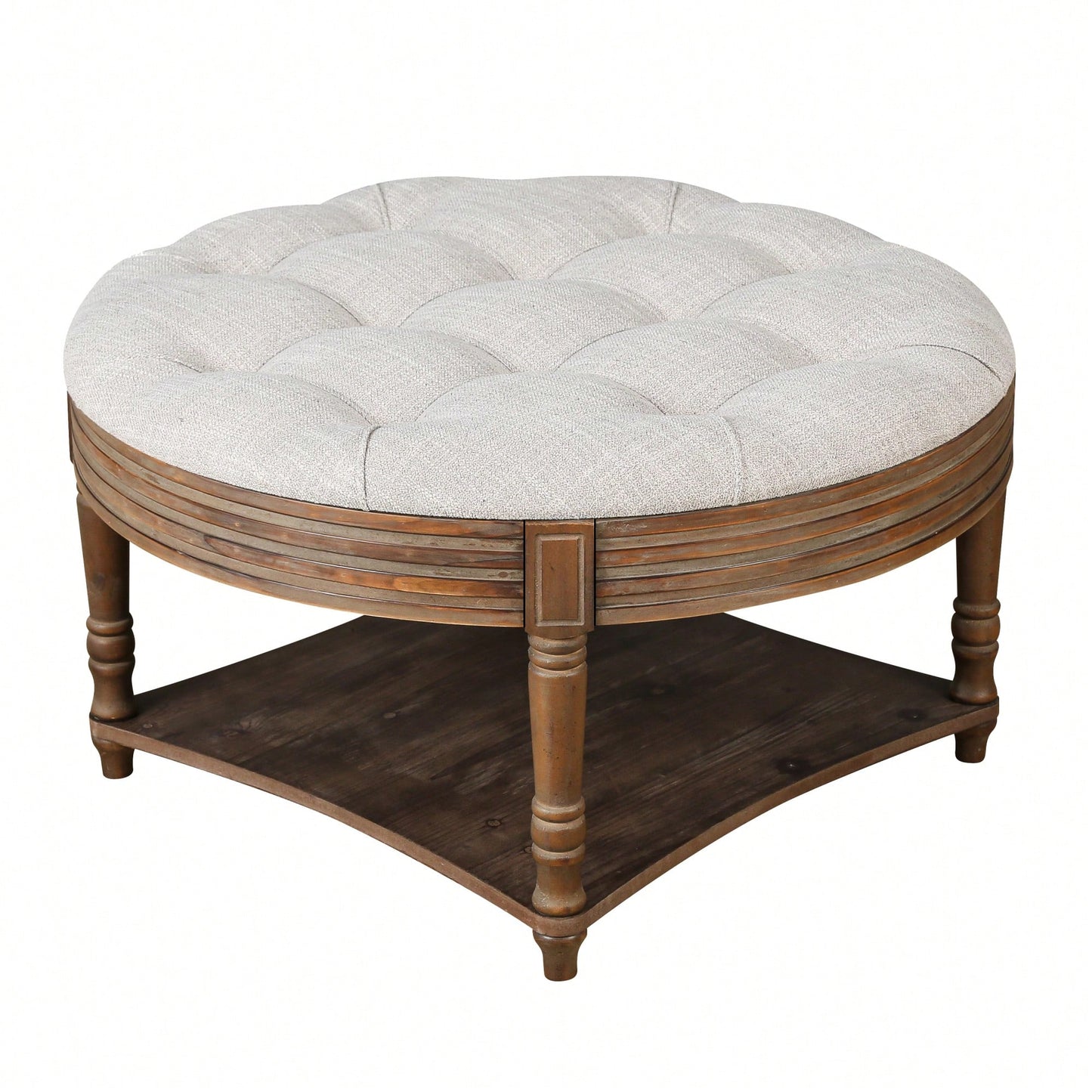 Oversized Waterproof Tufted Ottoman Coffee Table With Wooden Shelf For Storage In Warm White Linen Finish