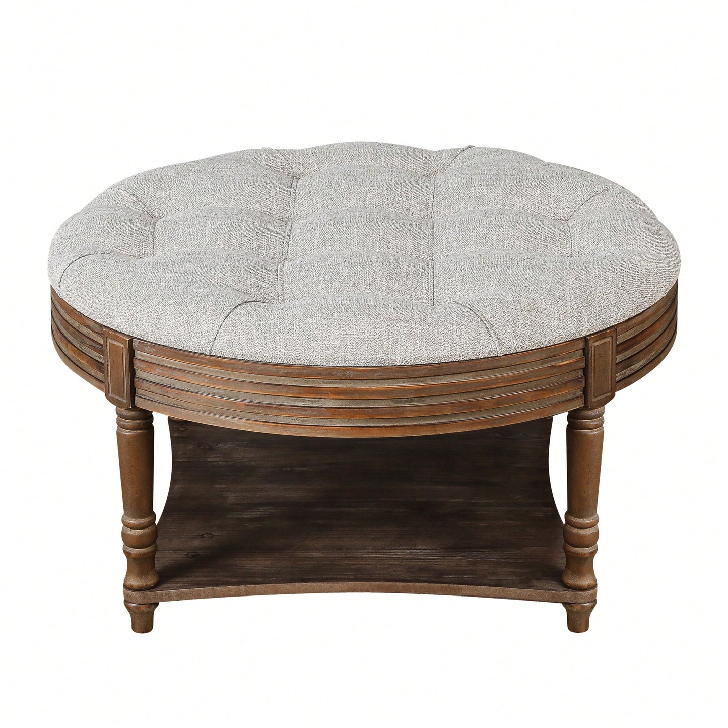 Oversized Waterproof Tufted Ottoman Coffee Table With Wooden Shelf For Storage In Warm White Linen Finish