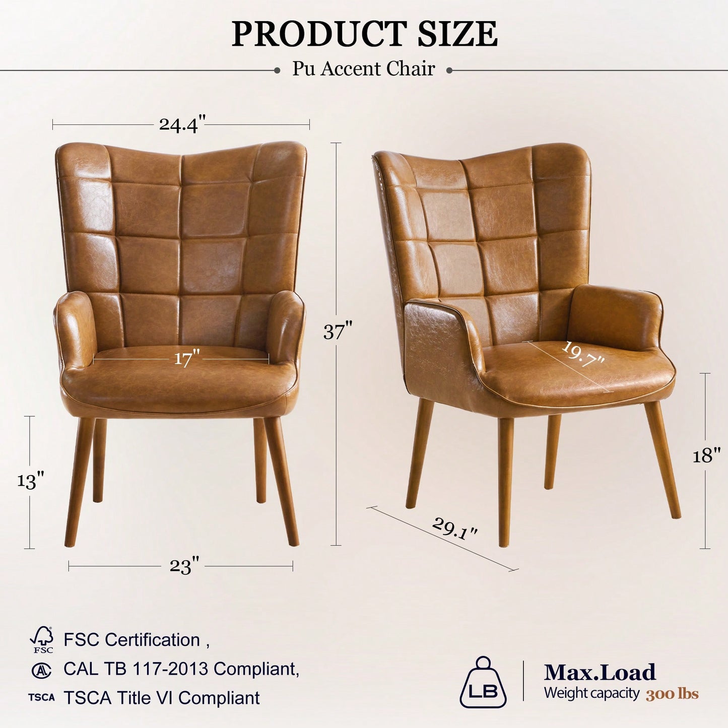 PU Leather Upholstered Accent Chair With Solid Wood Legs For Living Room Bedroom Home Office Reading Cream