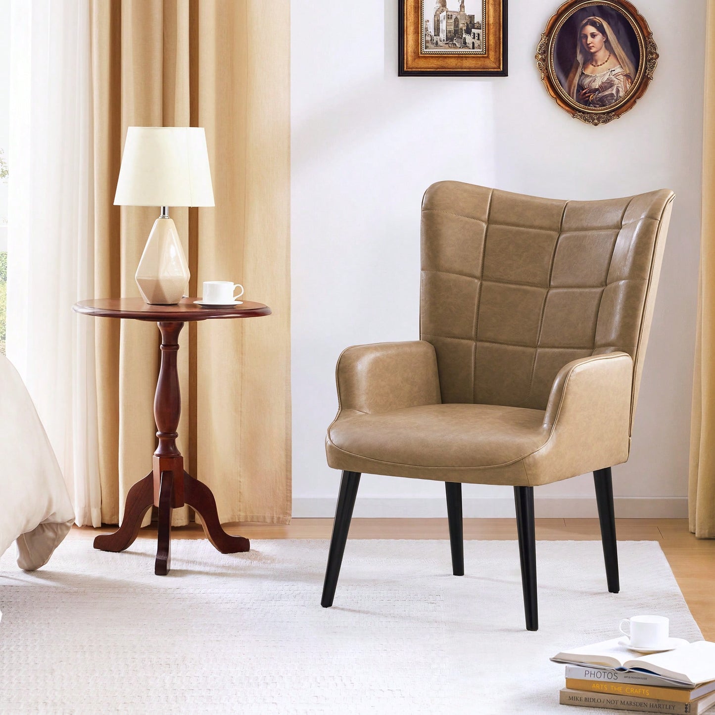 PU Leather Upholstered Accent Chair With Solid Wood Legs For Living Room Bedroom Home Office Reading Cream