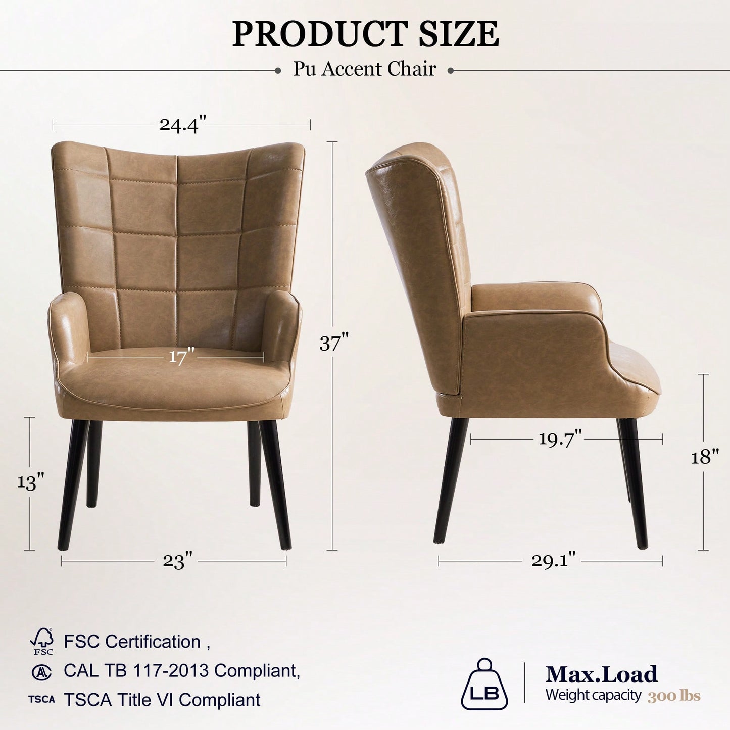 PU Leather Upholstered Accent Chair With Solid Wood Legs For Living Room Bedroom Home Office Reading Cream