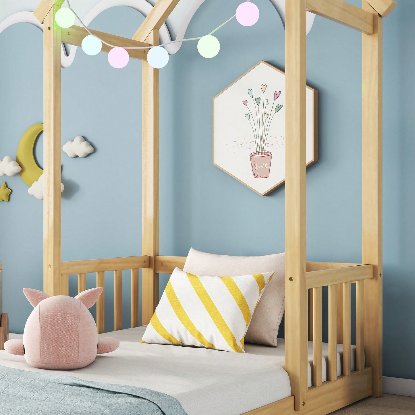 Twin House-Shaped Roof Headboard Floor Bed In Grey Without Slats