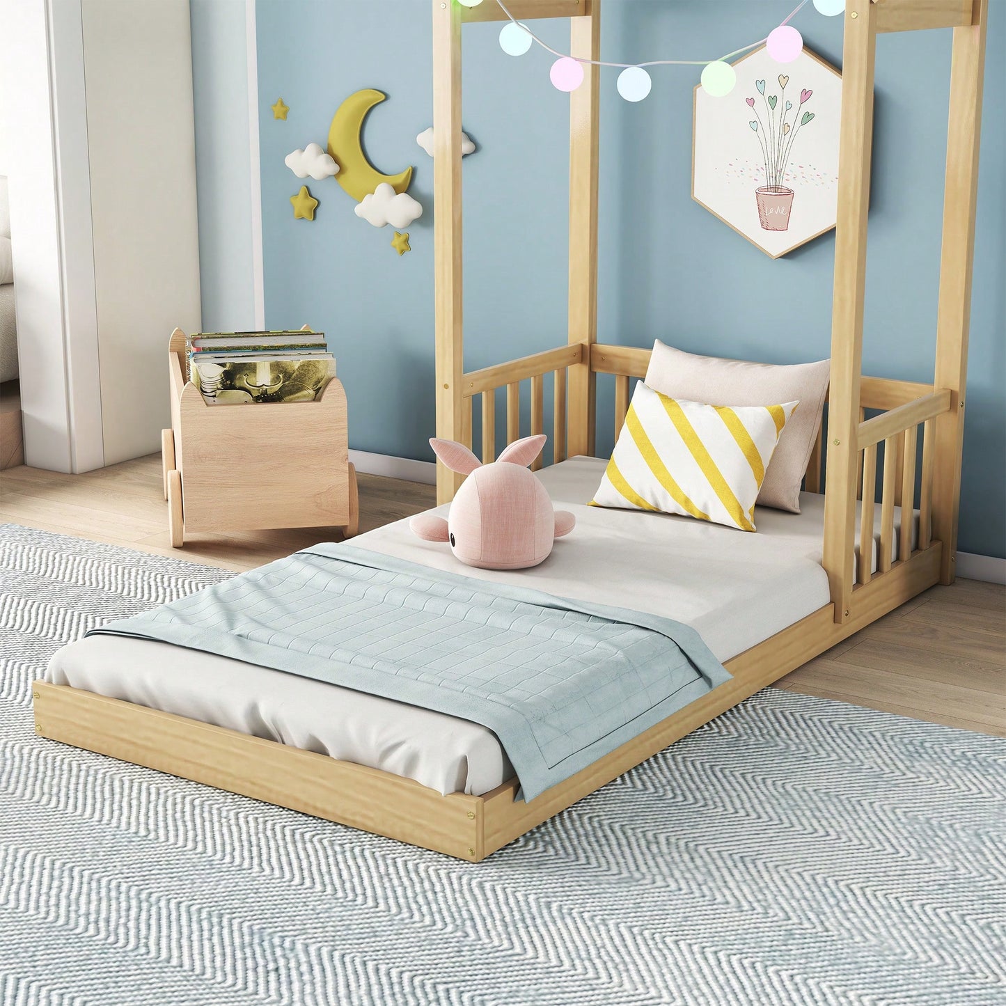 Twin House-Shaped Roof Headboard Floor Bed In Grey Without Slats