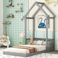 Twin House-Shaped Roof Headboard Floor Bed In Grey Without Slats