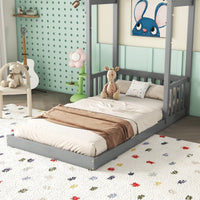 Twin House-Shaped Roof Headboard Floor Bed In Grey Without Slats