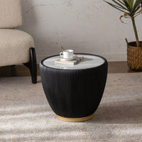 Contemporary Round Drum Coffee Table With Sintered Stone Top PU Leather And Metal Base Black 19.7 Inches