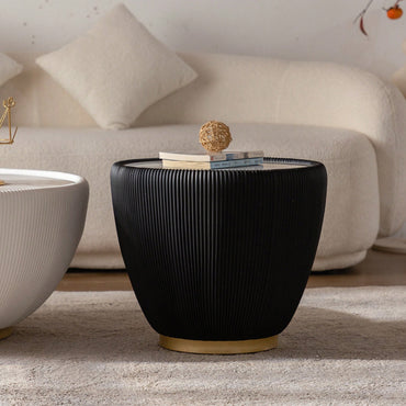 Contemporary Round Drum Coffee Table With Sintered Stone Top PU Leather And Metal Base Black 19.7 Inches