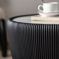 Contemporary Round Drum Coffee Table With Sintered Stone Top PU Leather And Metal Base Black 19.7 Inches