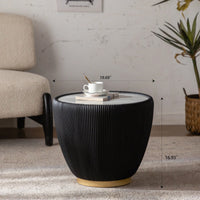 Contemporary Round Drum Coffee Table With Sintered Stone Top PU Leather And Metal Base Black 19.7 Inches