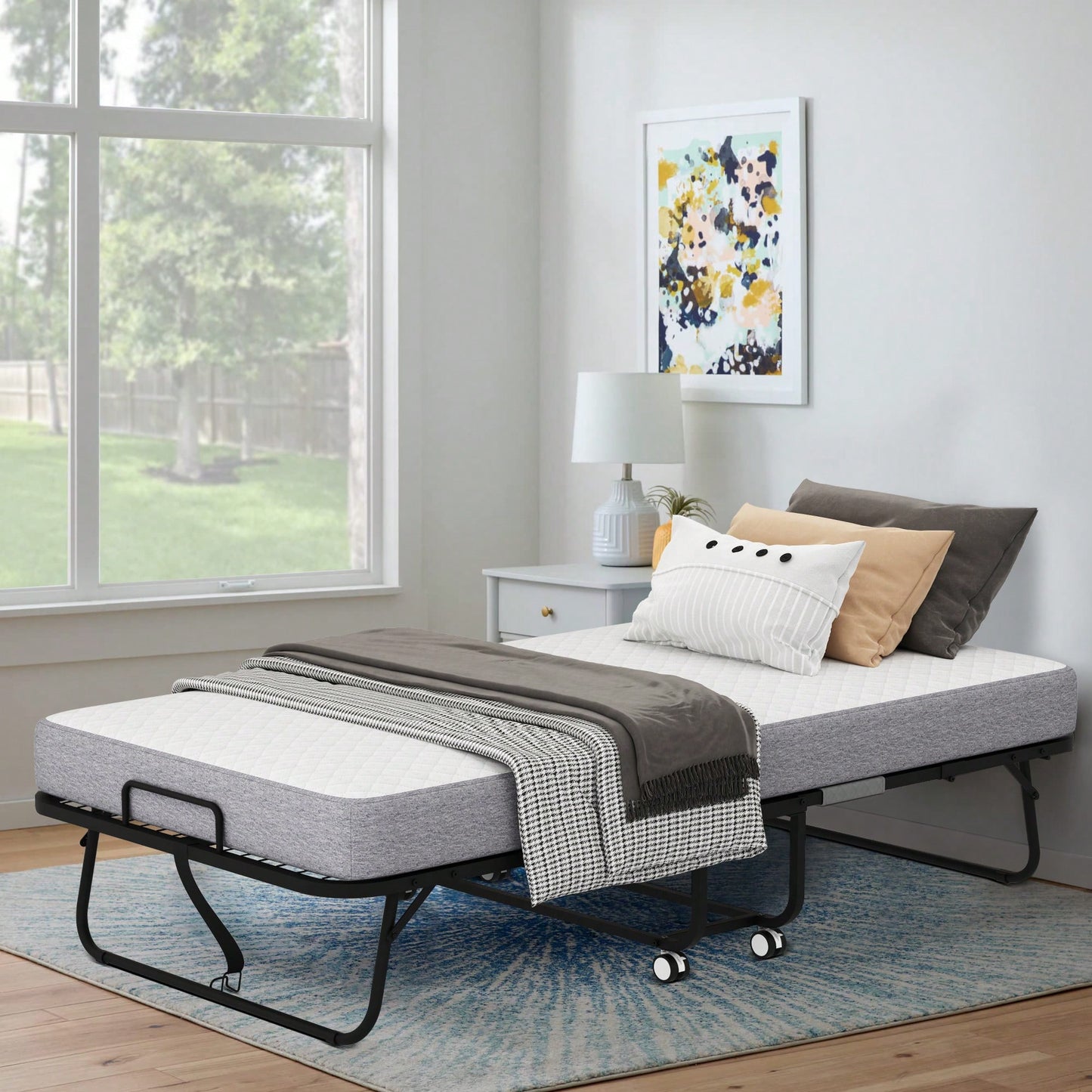 Portable Folding Rollaway Bed With 5 Inch Memory Foam Mattress For Adults Space-Saving Metal Frame Guest Bed