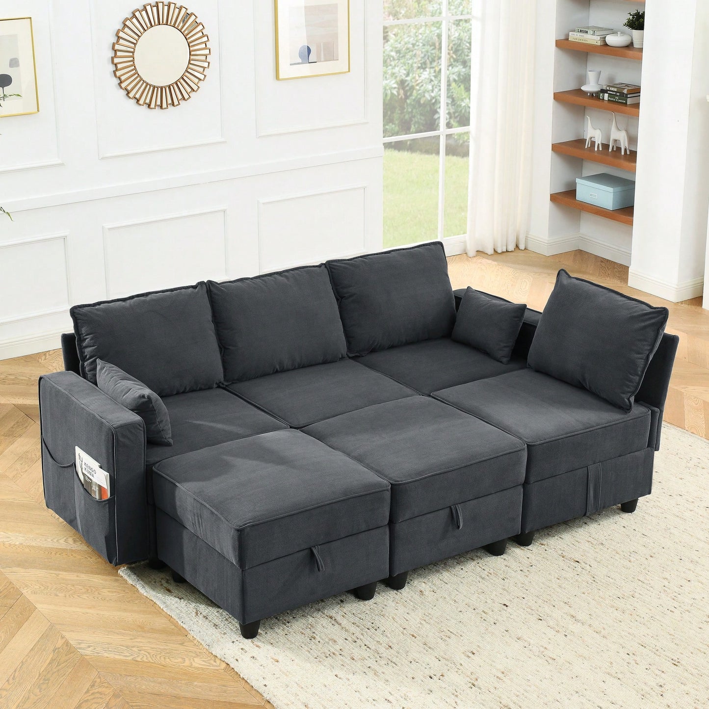 Stylish Gray Corduroy Velvet Arm Seat Modular Sofa For Modern Living Spaces