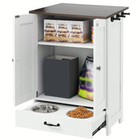 Dog Feeding Station With Hidden Bowls And Adjustable Panel For Medium Dogs, Stylish Food Storage Cabinet With Hooks, White Finish