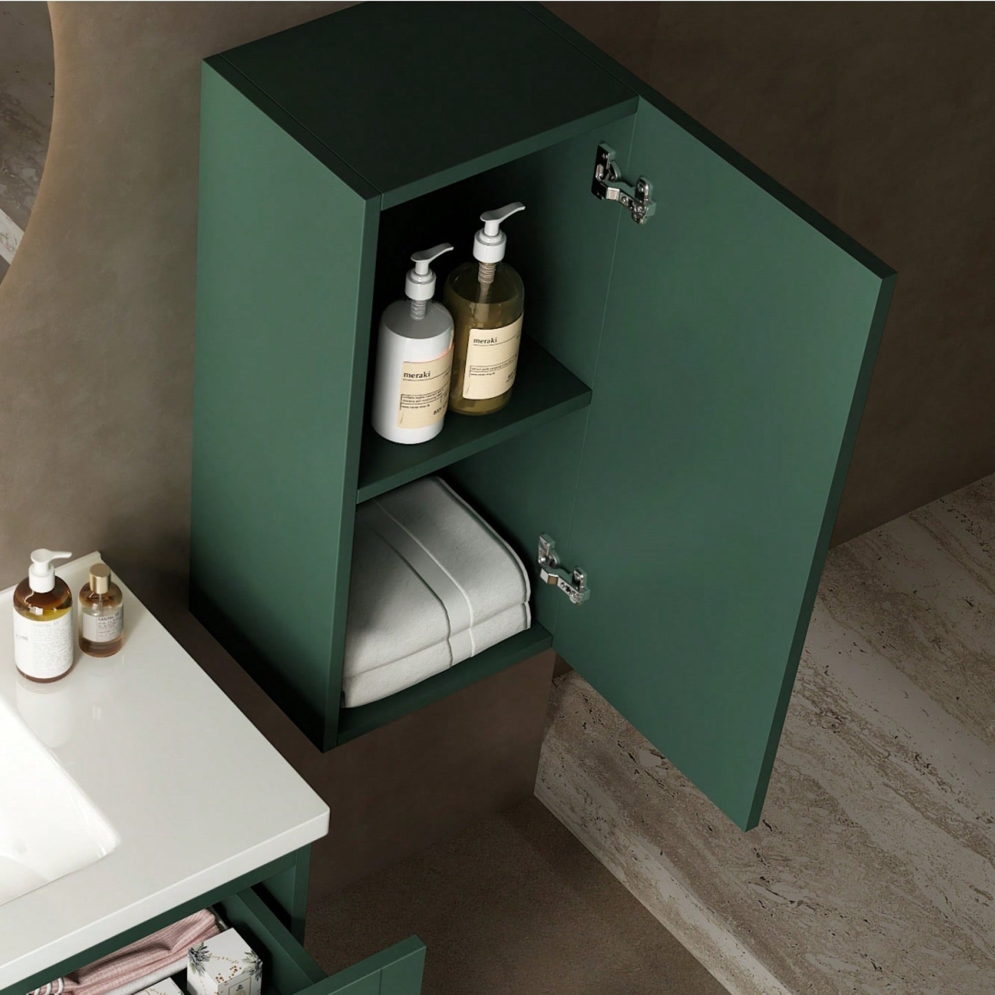 14 Inch Wall-Mounted Floating Bathroom Vanity Side Cabinet With Door And Shelf In Green