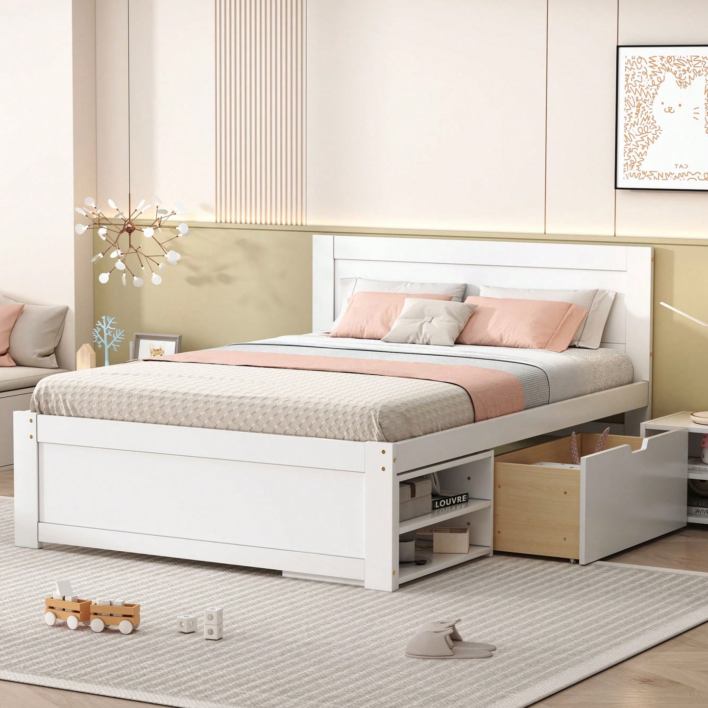 Full Size Platform Bed With Storage Drawer And Two Shelves White