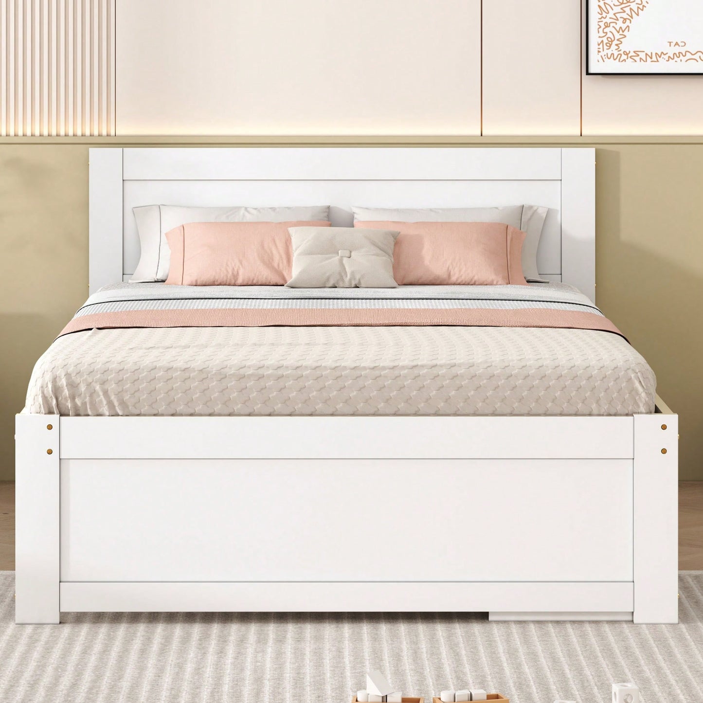 Full Size Platform Bed With Storage Drawer And Two Shelves White