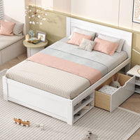 Full Size Platform Bed With Storage Drawer And Two Shelves White