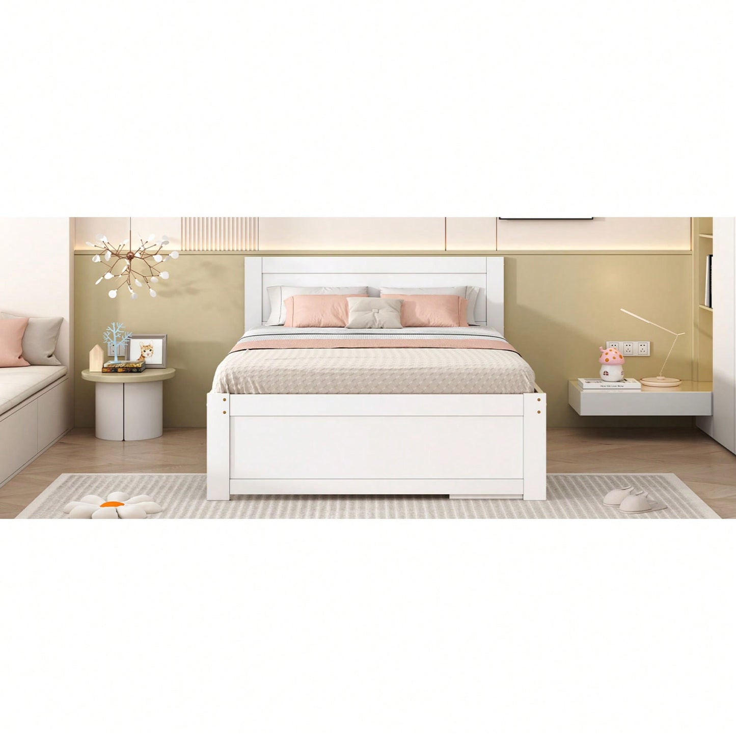 Full Size Platform Bed With Storage Drawer And Two Shelves White