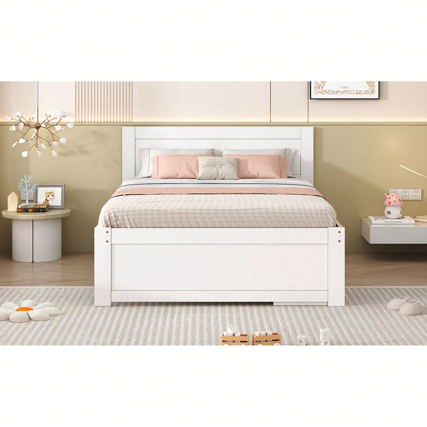 Full Size Platform Bed With Storage Drawer And Two Shelves White