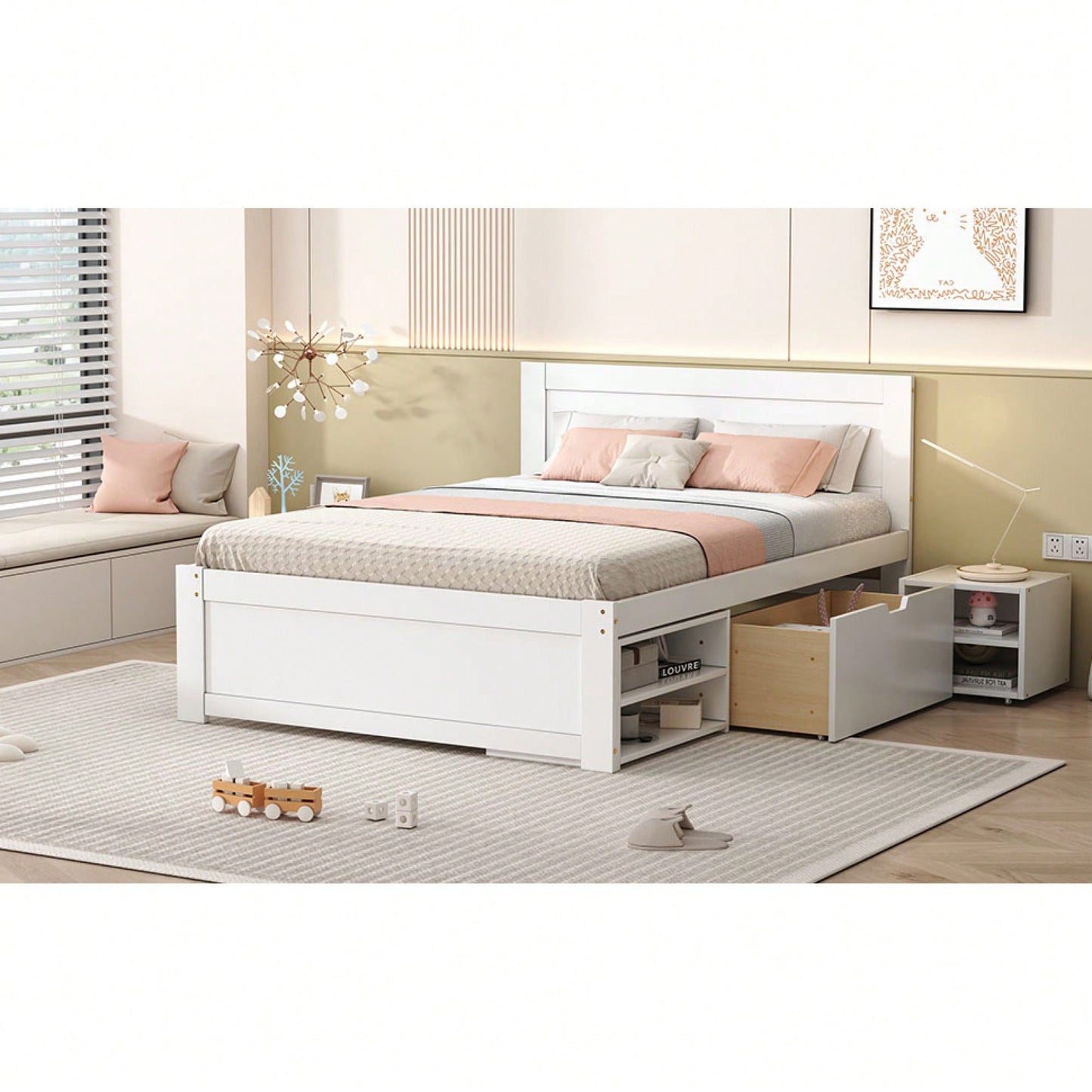 Full Size Platform Bed With Storage Drawer And Two Shelves White