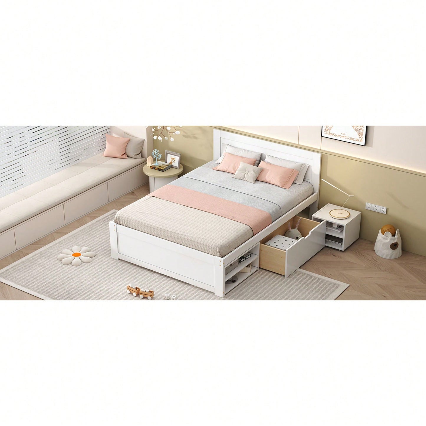 Full Size Platform Bed With Storage Drawer And Two Shelves White