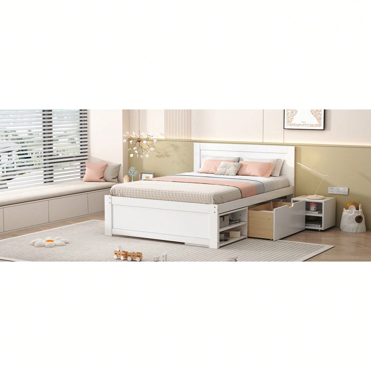 Full Size Platform Bed With Storage Drawer And Two Shelves White