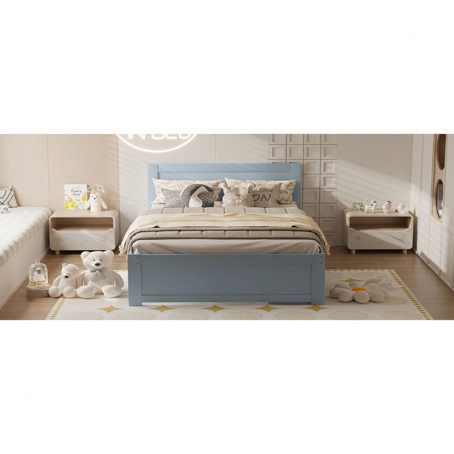 Full Size Platform Bed With Storage Drawer And Two Shelves White