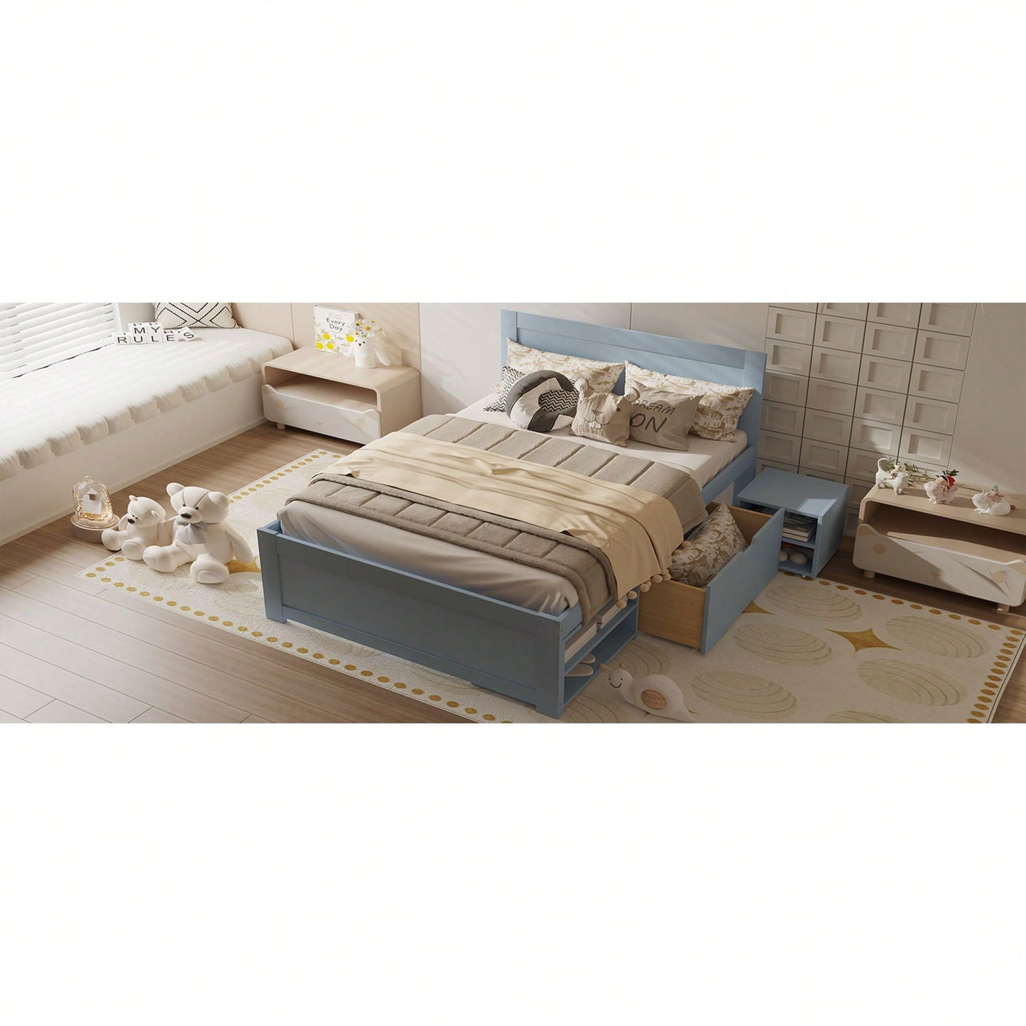 Full Size Platform Bed With Storage Drawer And Two Shelves White