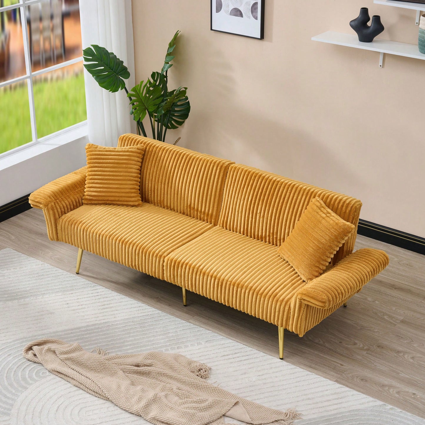 79 Inch Foldable Corduroy Sofa Bed With Folding Armrests Ideal For Living Rooms And Small Spaces