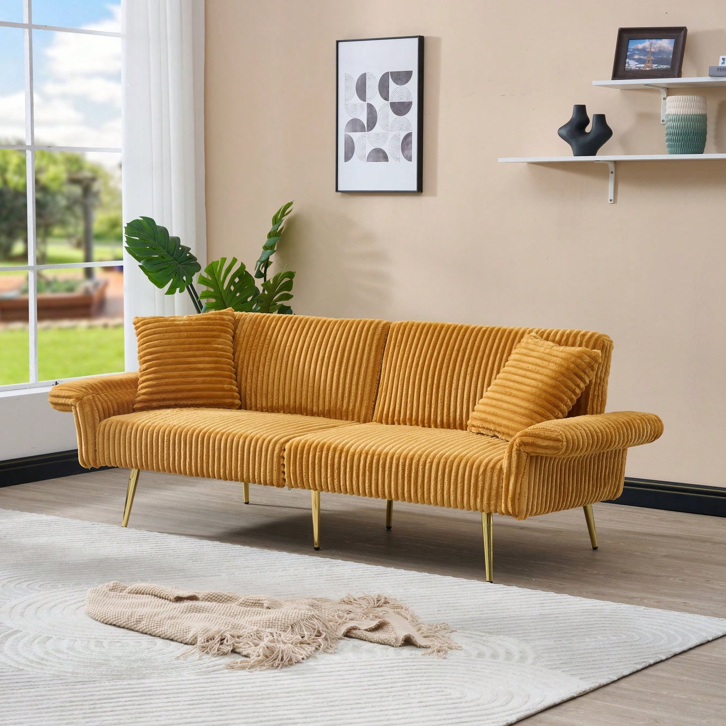 79 Inch Foldable Corduroy Sofa Bed With Folding Armrests Ideal For Living Rooms And Small Spaces