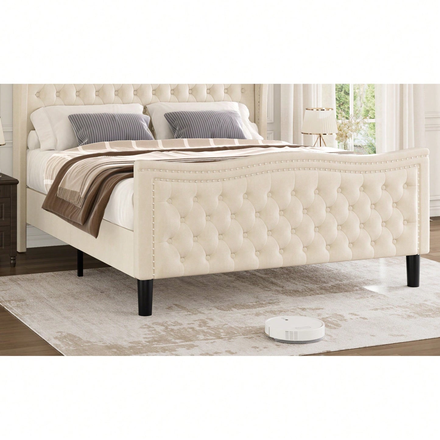 Elegant Velvet Beige Full Size Bed For Stylish Bedroom Decor