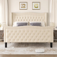 Elegant Velvet Beige Full Size Bed For Stylish Bedroom Decor