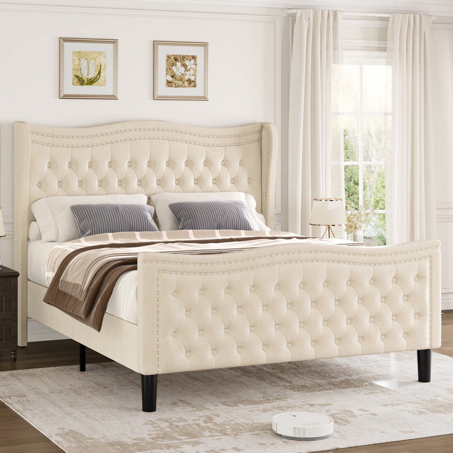 Elegant Velvet Beige Full Size Bed For Stylish Bedroom Decor