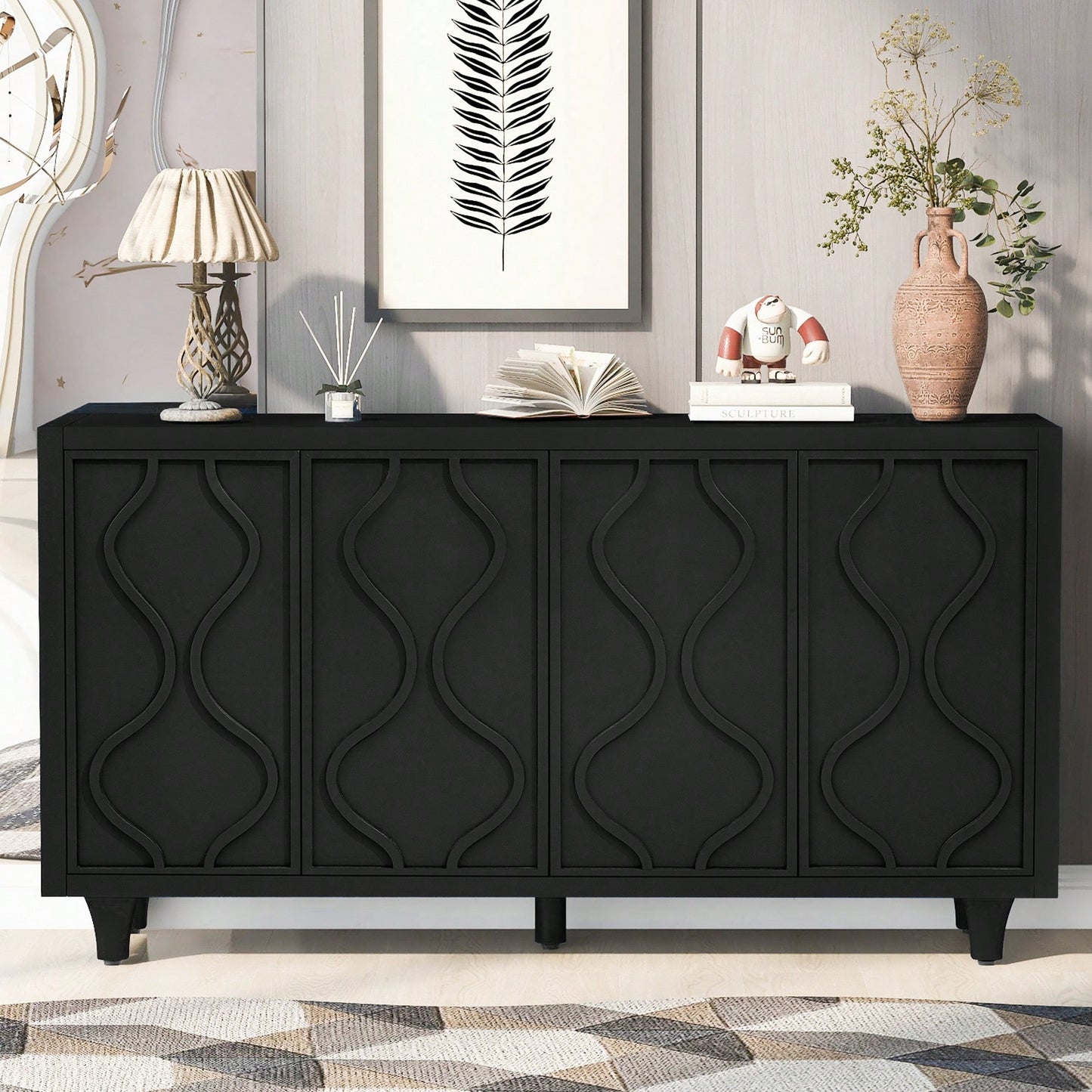 Stylish Wooden Storage Cabinet With Embossed Curved Doors For Living Rooms, Entrances, And Study Rooms