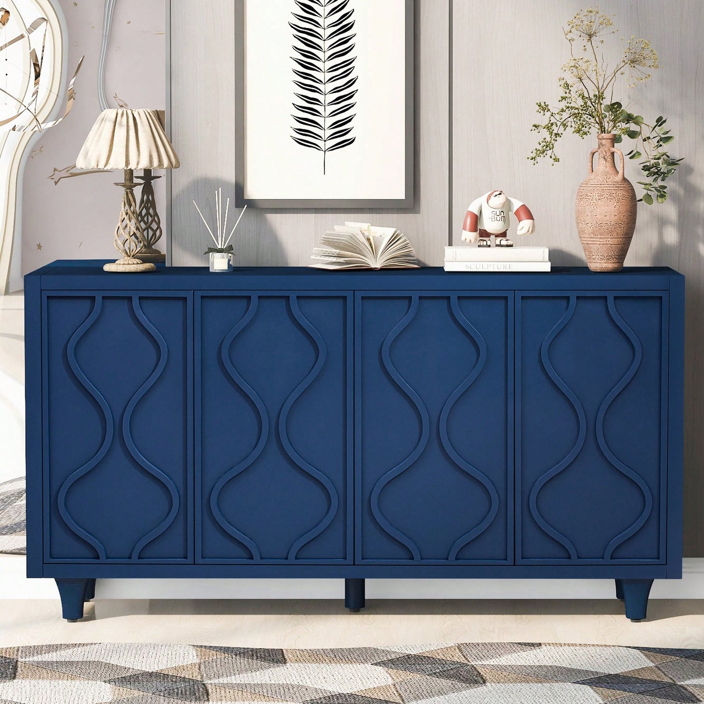 Stylish Wooden Storage Cabinet With Embossed Curved Doors For Living Rooms, Entrances, And Study Rooms