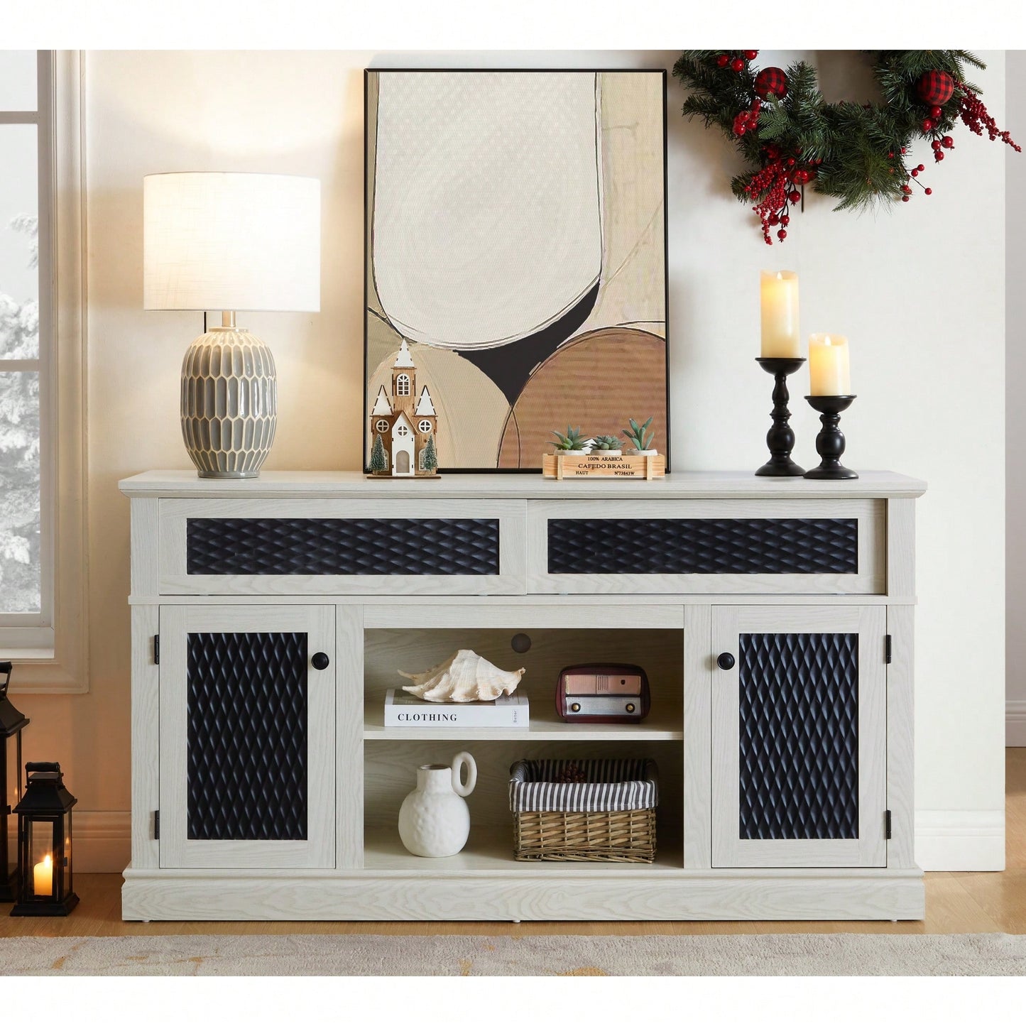 Stylish Embossed Pattern TV Stand With Open And Closed Storage Sliding Door For Living Room And Bedroom, Oak Finish