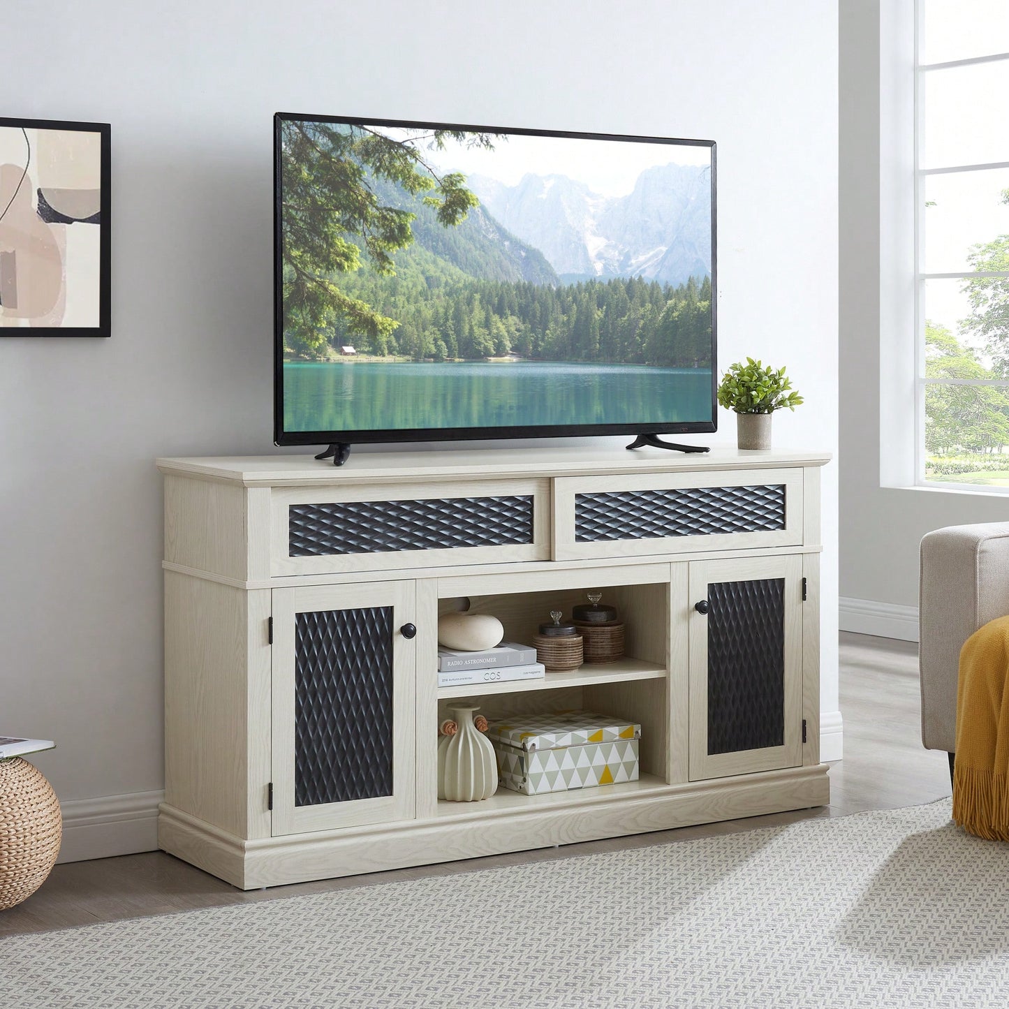 Stylish Embossed Pattern TV Stand With Open And Closed Storage Sliding Door For Living Room And Bedroom, Oak Finish