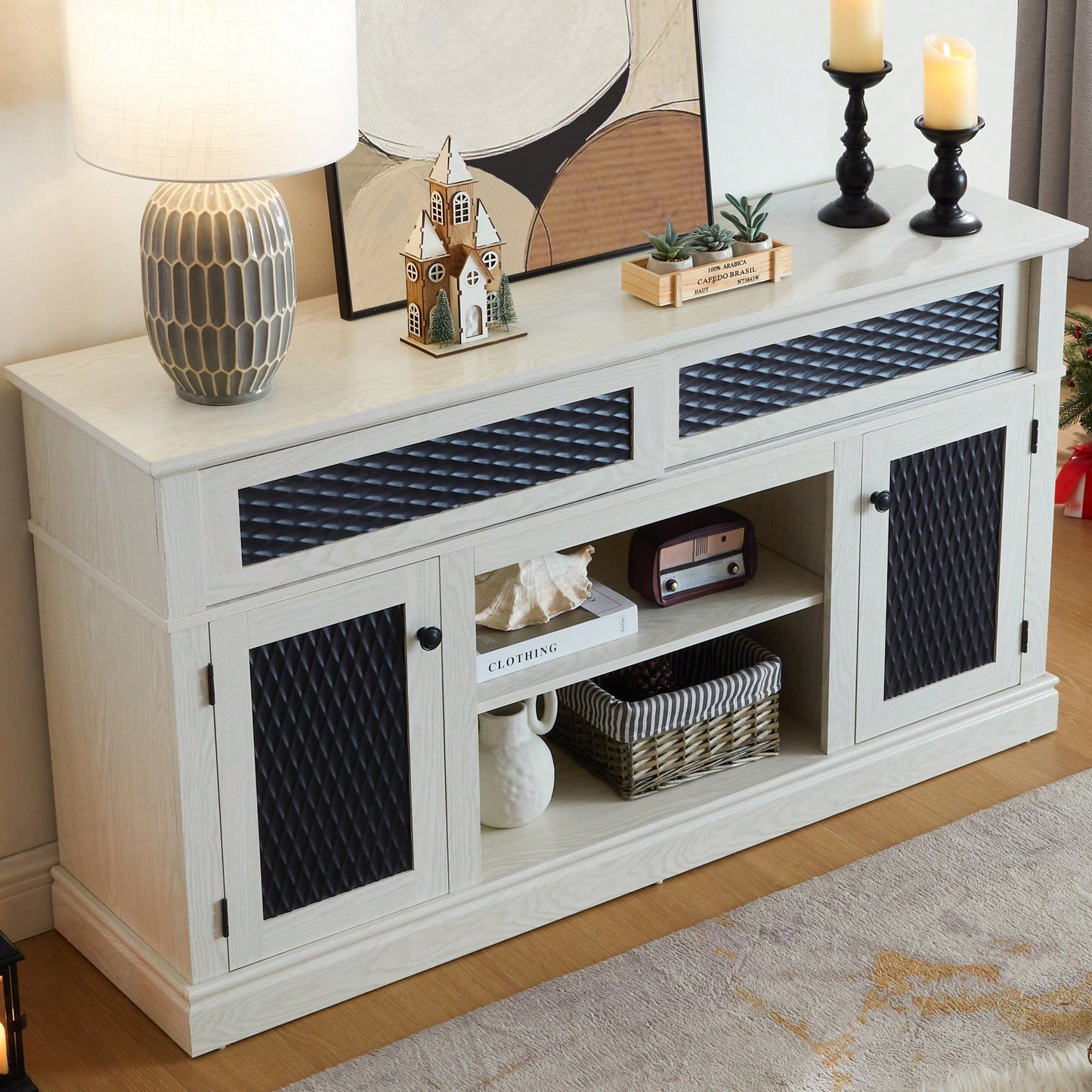 Stylish Embossed Pattern TV Stand With Open And Closed Storage Sliding Door For Living Room And Bedroom, Oak Finish