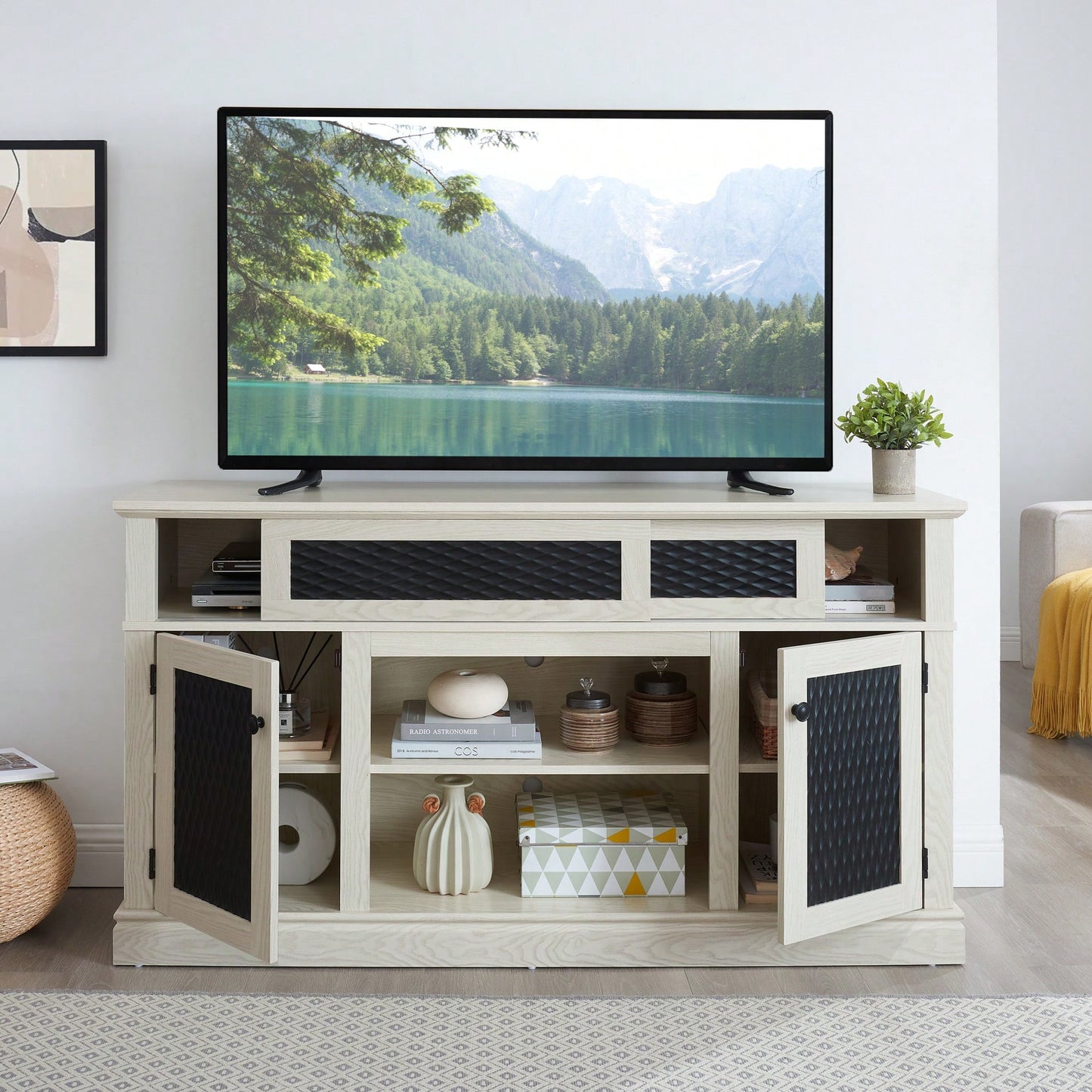 Stylish Embossed Pattern TV Stand With Open And Closed Storage Sliding Door For Living Room And Bedroom, Oak Finish