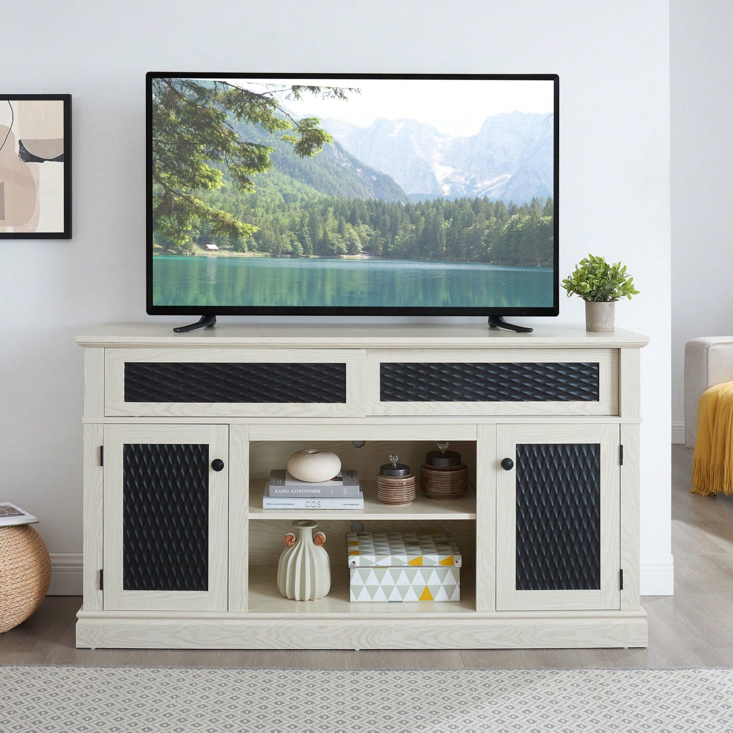 Stylish Embossed Pattern TV Stand With Open And Closed Storage Sliding Door For Living Room And Bedroom, Oak Finish