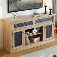 Stylish Embossed Pattern TV Stand With Open And Closed Storage Sliding Door For Living Room And Bedroom, Oak Finish