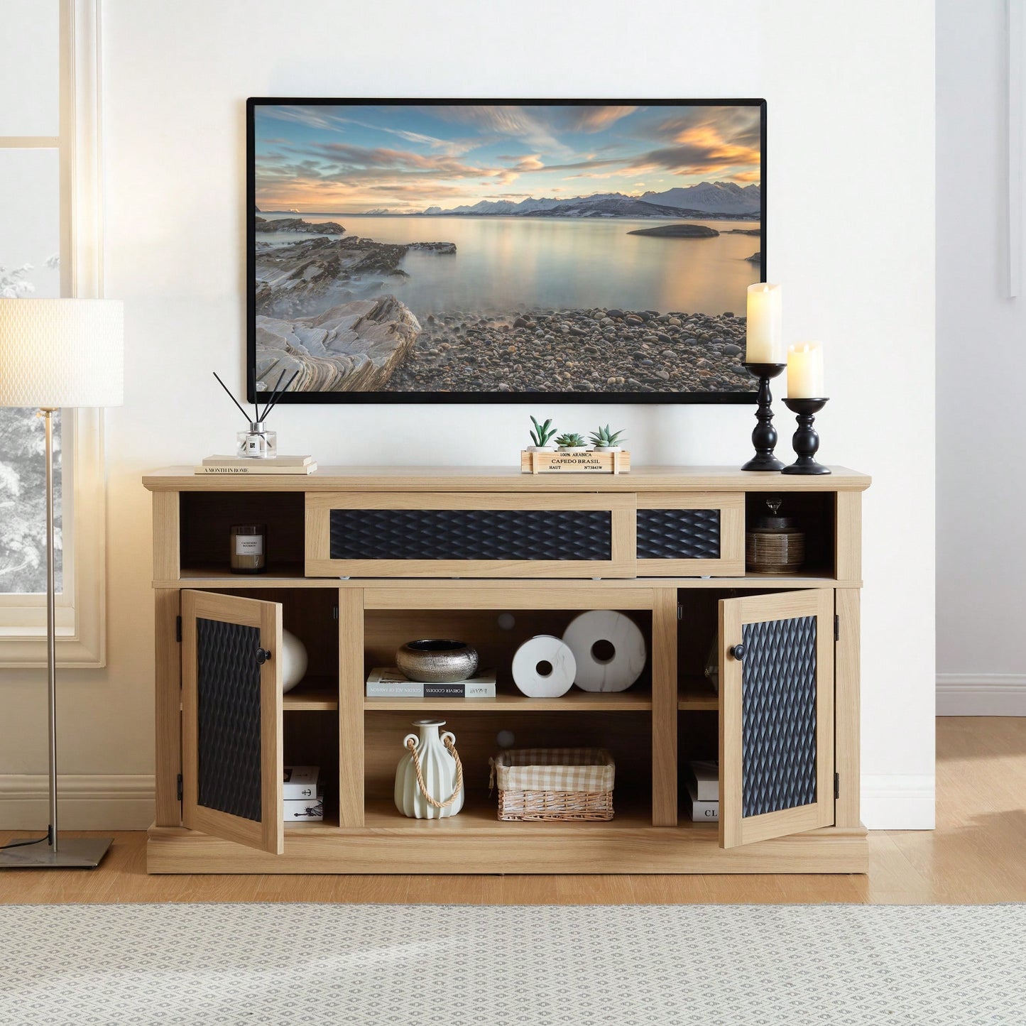 Stylish Embossed Pattern TV Stand With Open And Closed Storage Sliding Door For Living Room And Bedroom, Oak Finish