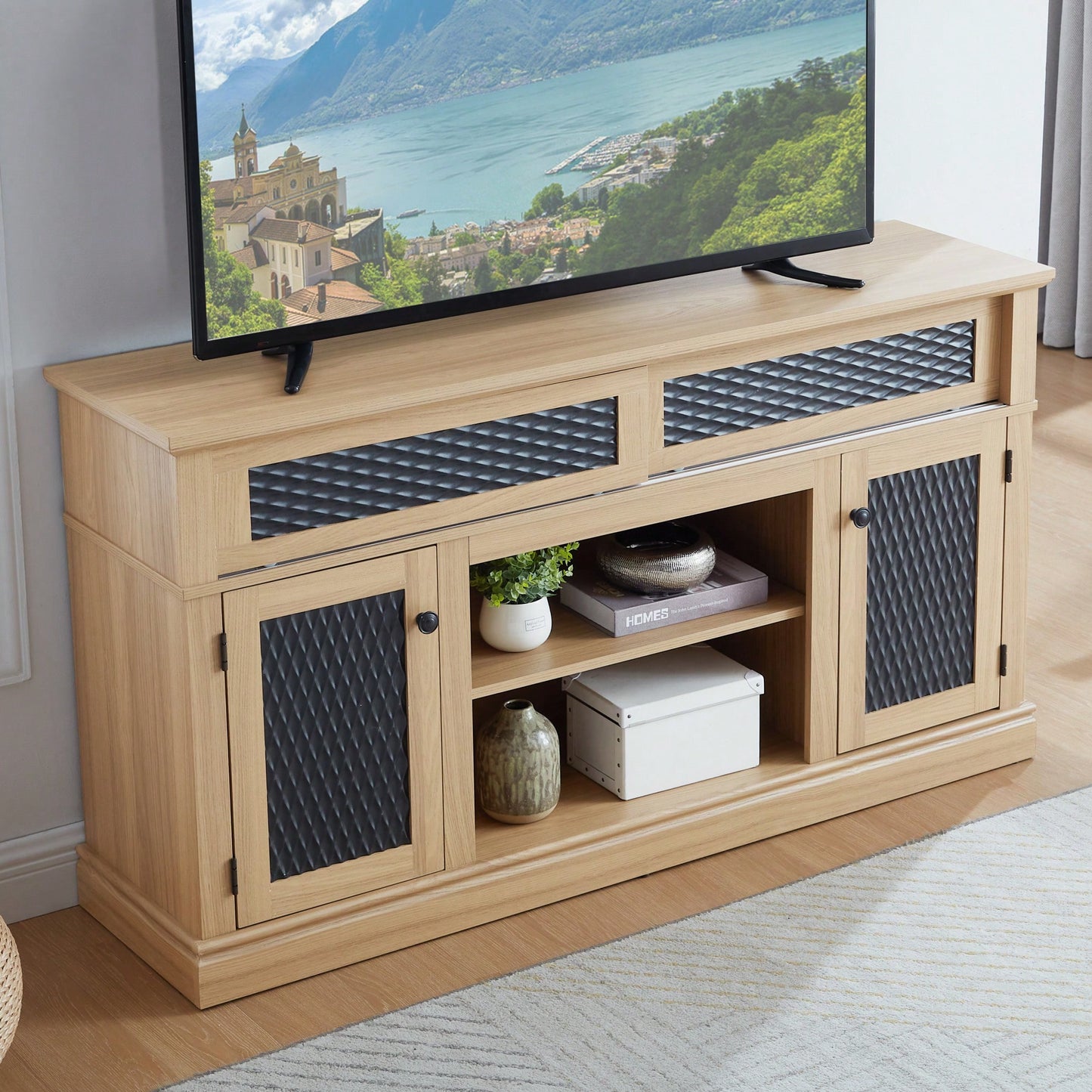 Stylish Embossed Pattern TV Stand With Open And Closed Storage Sliding Door For Living Room And Bedroom, Oak Finish