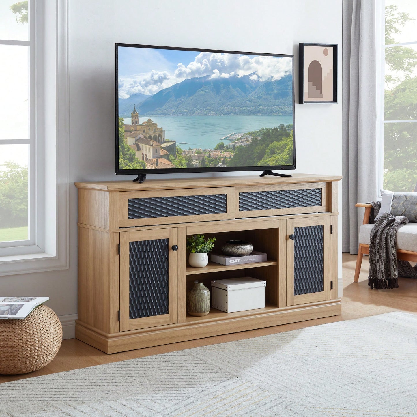 Stylish Embossed Pattern TV Stand With Open And Closed Storage Sliding Door For Living Room And Bedroom, Oak Finish